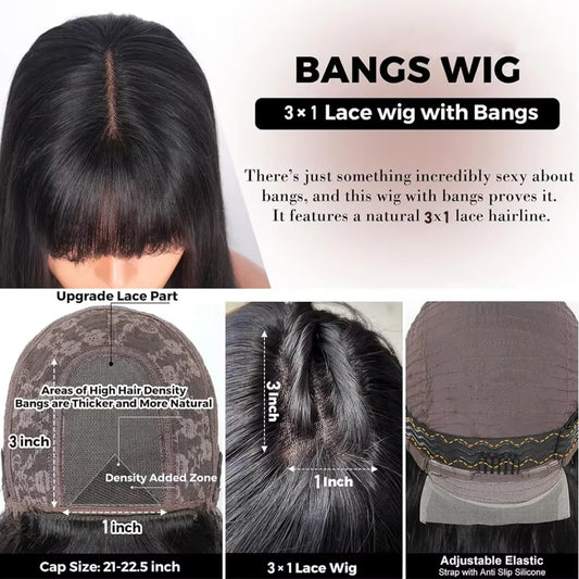 Advertisement for a 3x1 lace wig with bangs, showing different angles and features.