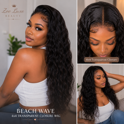 Beach Wave 4x4 Transparent Closure Wig