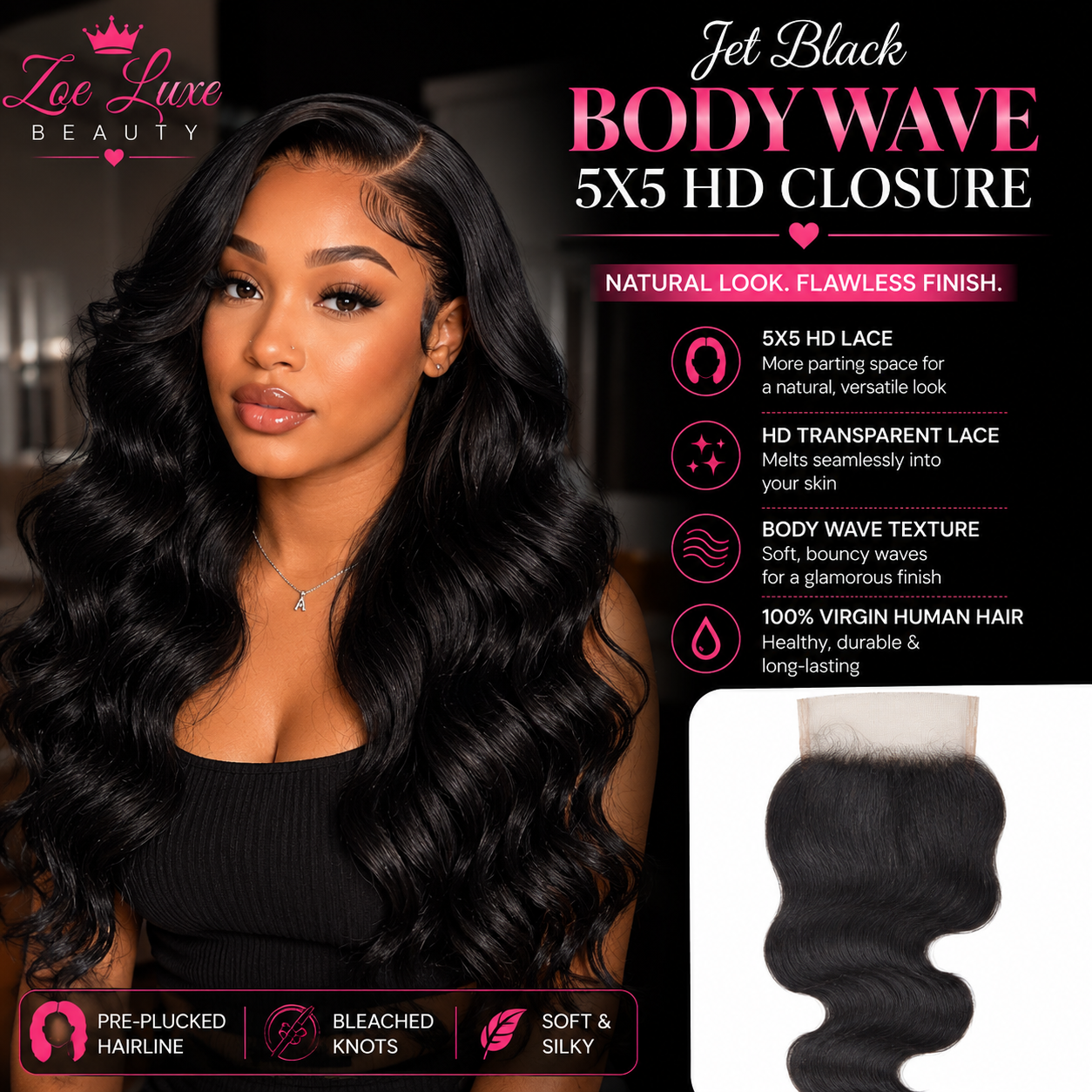 Jet Black Body Wave 5x5 HD Closure