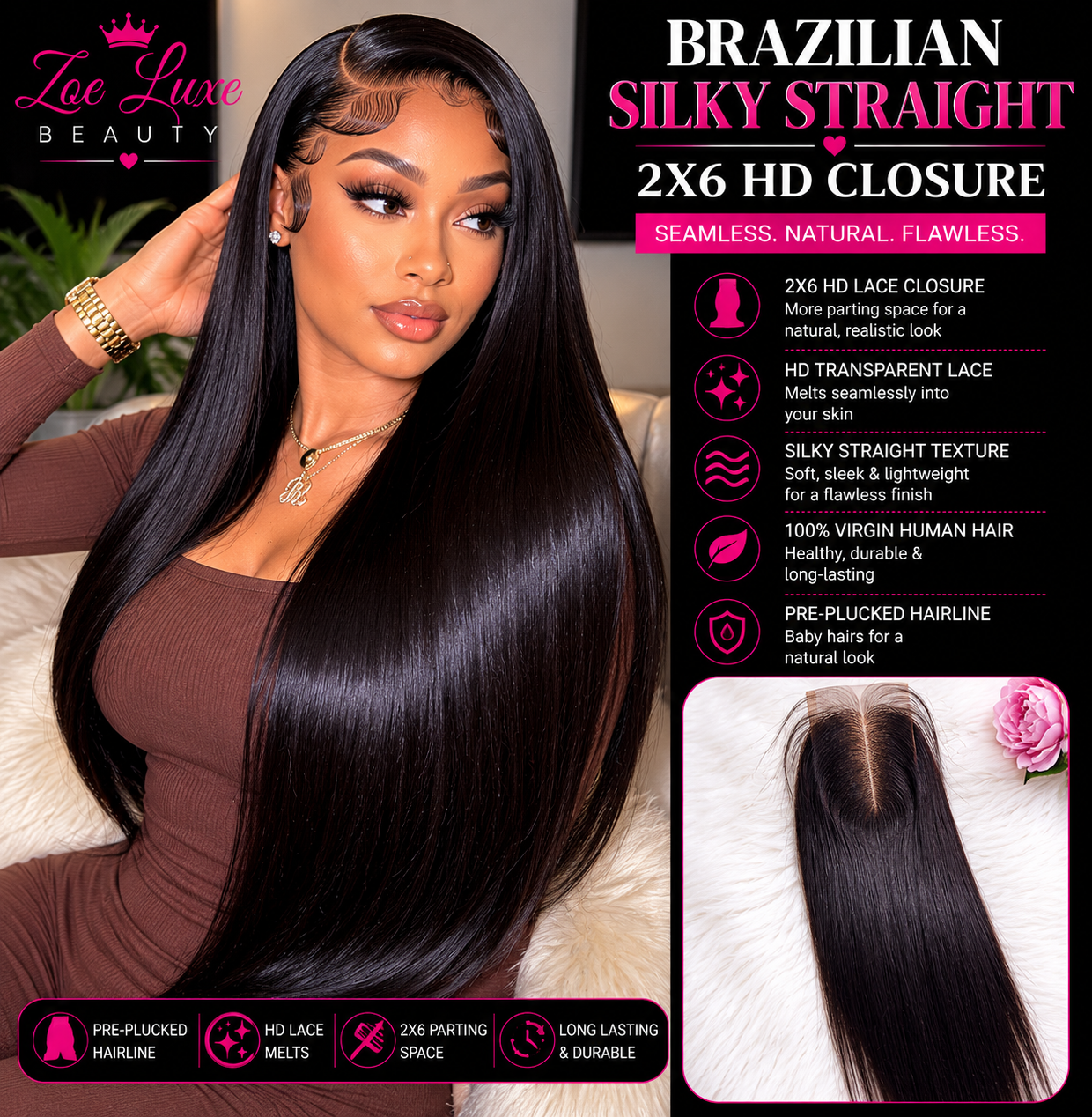 Brazilian Silky Straight 2x6 HD Closure