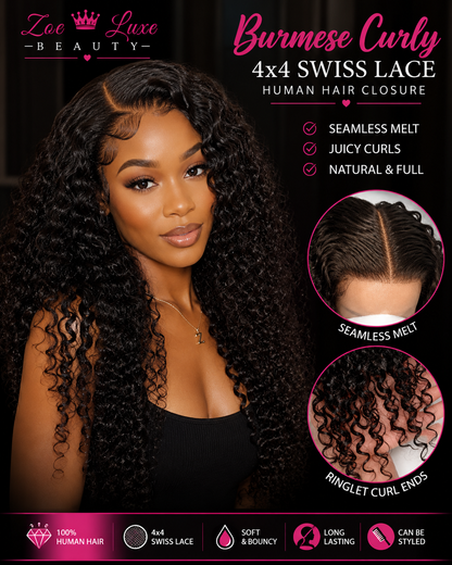 Burmese Curly 4x4 Swiss Lace Human Hair Closure