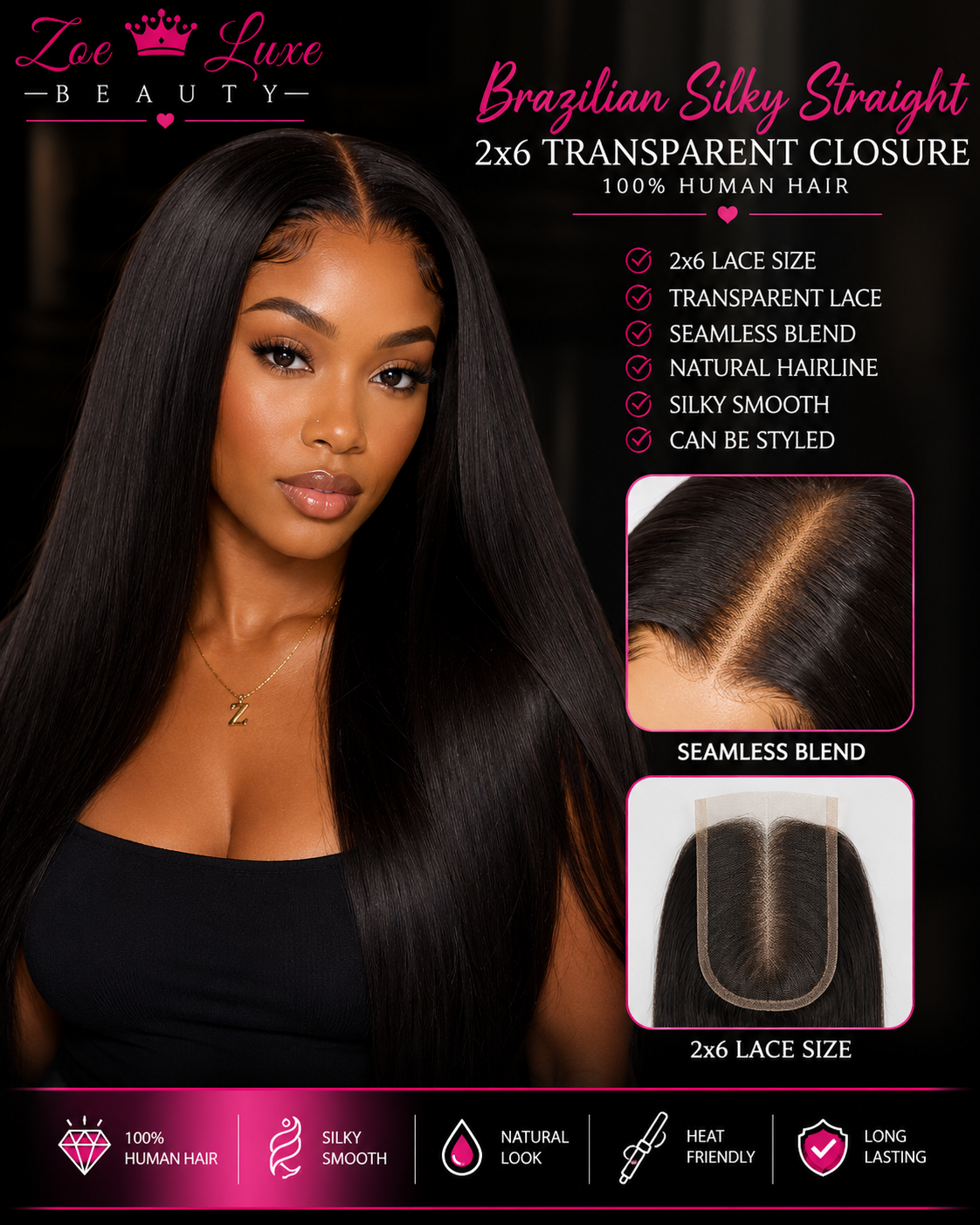Brazilian Silky Straight 2x6 Transparent Closure