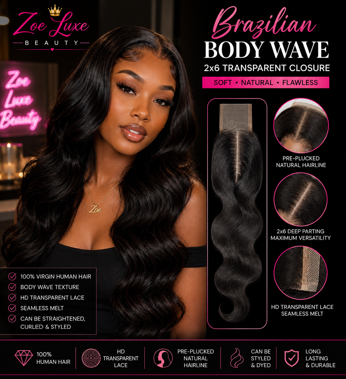Brazilian Body Wave 2x6 Transparent Closure