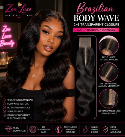 Brazilian Body Wave 2x6 Transparent Closure