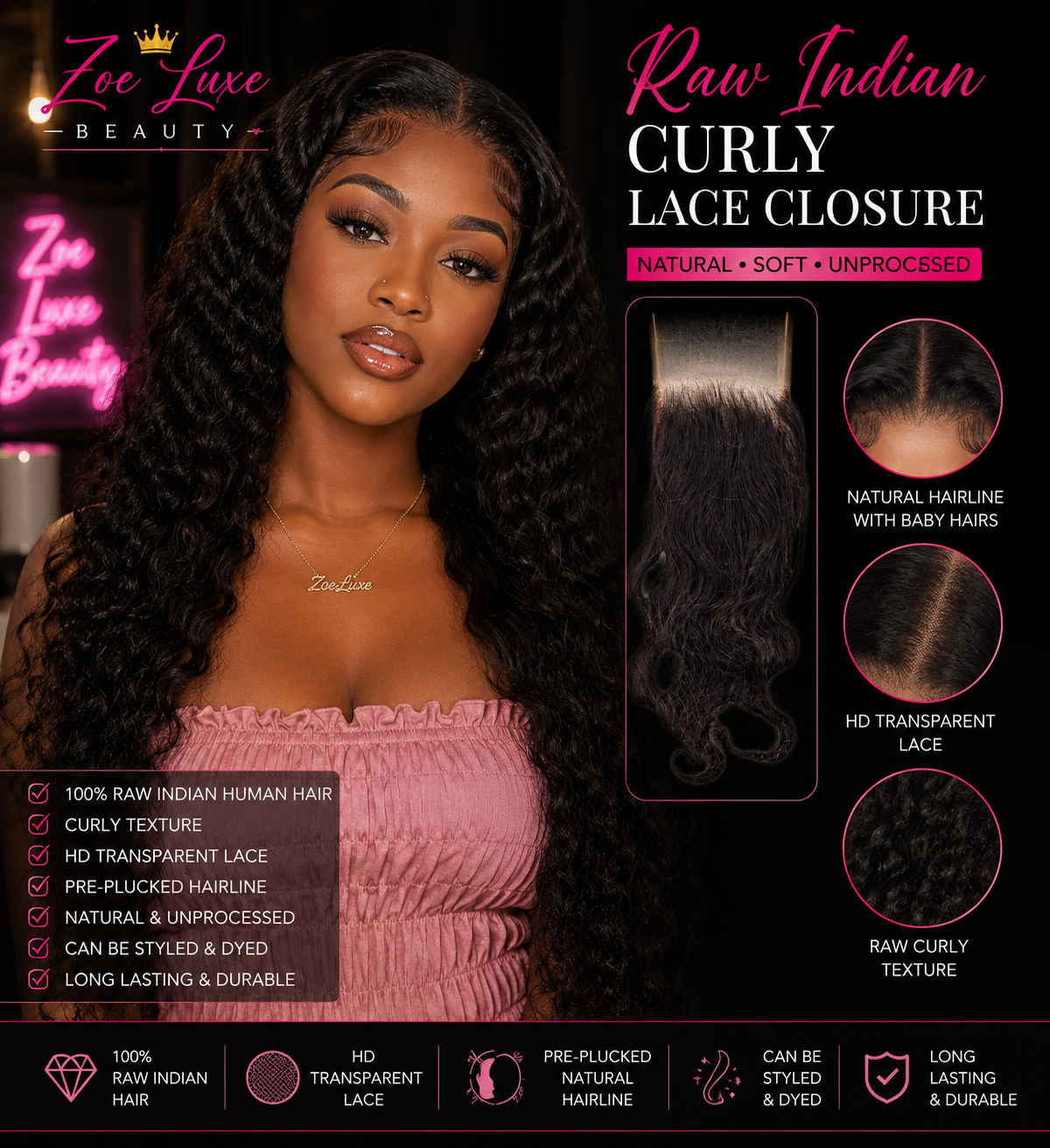Raw Indian Curly Lace Closure