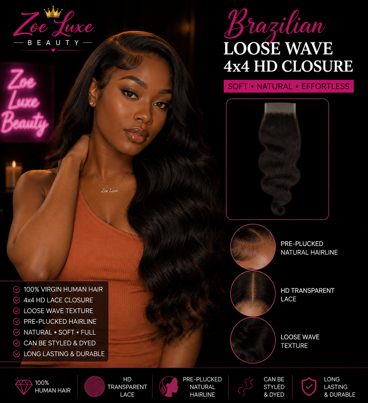 Brazilian Loose Wave 4x4 HD Closure