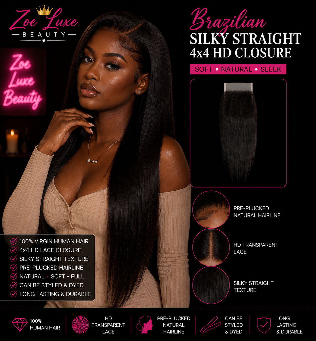 Brazilian Silky Straight 4x4 HD Closure