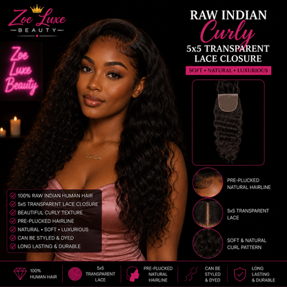 Raw Indian Curly 5x5 Transparent Closure