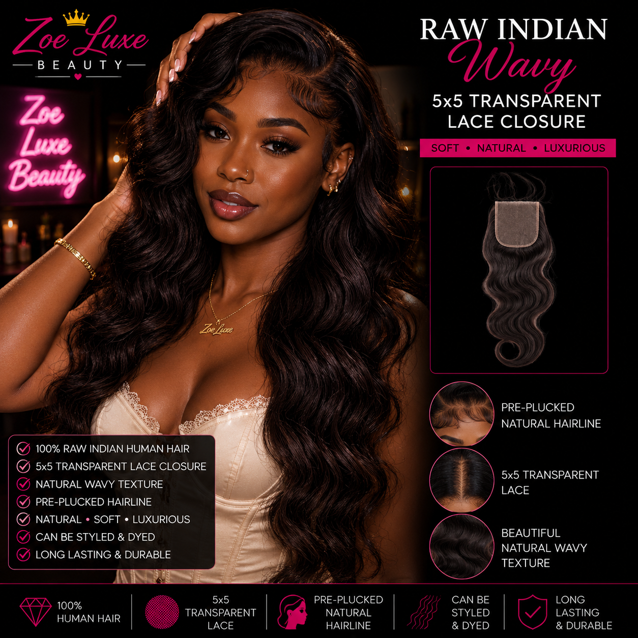 Raw Indian Wavy 5x5 Transparent Closure