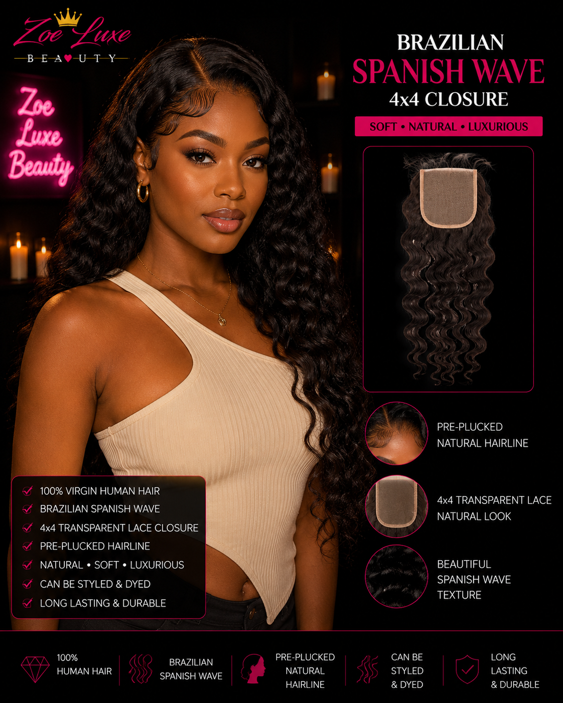 Brazilian Spanish Wave 4x4 Closure